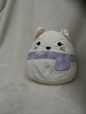 Squishmallows Cream Cat Pillow with Lavender Snowflake Scarf